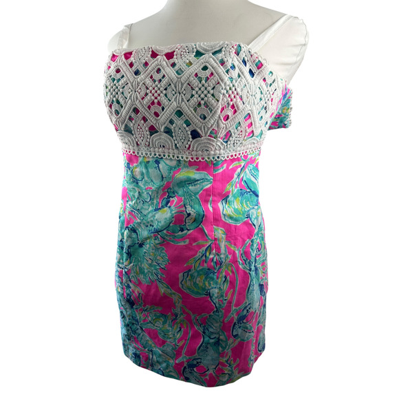 Lilly Pulitzer Brynn Strapless Dress Lobsters In Love Razz Crochet Shift Size 8 - Picture 4 of 16